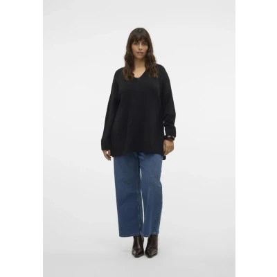 Image of VERO MODA CURVE Women&#039;s Vmcfiluca Ls V NCK Long Pull Ga Cur Noos Pullover Sweater, Black, 22 50 Plus