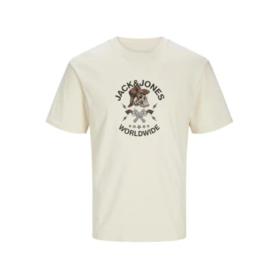Image of JACK &amp; JONES Men&#039;s Jorseven Skull Tee Ss Crew Neck Sn T Shirt, Buttercream, L