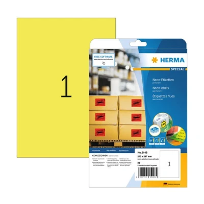 Image of HERMA Self Adhesive Coloured Labels, 1 Label per A4 Sheet, 20 Sheets, 210 x 297 mm, Blank Colour Labels Stickers, Sticky for Laser &amp; Inkjet Printer, Neon Yellow