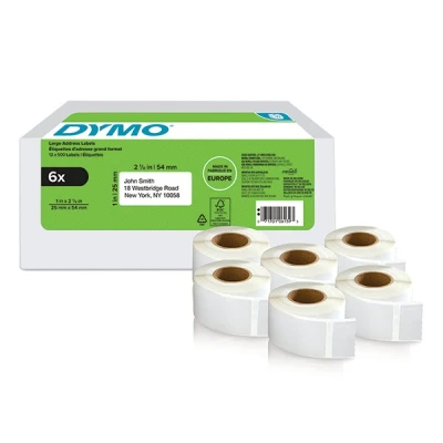 Image of DYMO Authentic LabelWriter Return Address Labels 25 mm x 54 Self Adhesive 6 Rolls of 500 Easy Peel (3,000 Count) for Label Makers Made in Europe