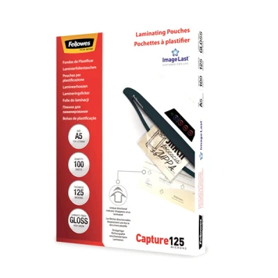 Image of Fellowes A5 Laminating Pouches Gloss Finish 100 Sheets, 250 Micron (2 x 125 Micron) High Quality with Image Last Directional Mark Ideal for Photos, Notices and Everyday Use