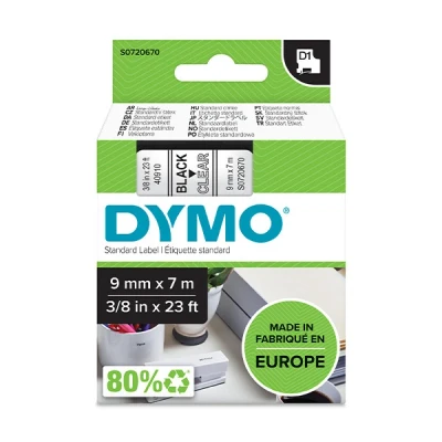 Image of DYMO Authentic D1 Labels Black Print on Clear Tape 9 mm x 7 m Self Adhesive for LabelManager Label Makers Made in Europe