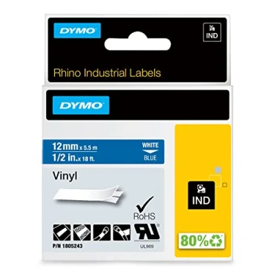 Image of DYMO Rhino Industrial Vinyl Labels 12mm x 5.5m White on Blue Self Adhesive Label Tape