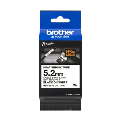 Image of Brother Genuine Pro Tape HSe 211E Heat Shrink Tubing Black on White, 5.2mm Wide, 1.5m Long