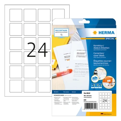 Image of HERMA 9642 Self Adhesive QR Code Labels, 24 Labels per A4 Sheet, 25 Sheets, 40 x mm, 600 Blank Opaque Product Stickers, Sticky Square for Laser &amp; Inkjet Printer, White