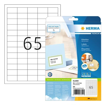 Image of HERMA Self Adhesive Multipurpose Labels, 65 Labels per A4 Sheet, 10 Sheets, 38.1 x 21.2 mm, 650 Blank Universal Stickers, Sticky for Laser &amp; Inkjet Printer, White