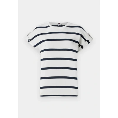 Image of Tommy Hilfiger GOLD Button TEE Print Tshirt, Women&#039;s, Size: XXS, Ivory/dark night navy
