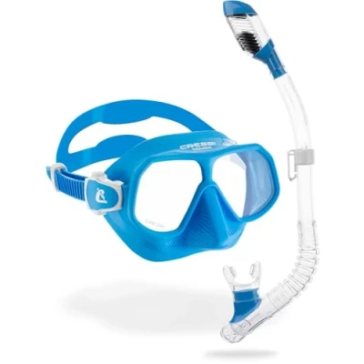 Image of CRESSI Rombo + Mini Dry Combo Azure Clear/Azure Junior Set, Mask and Snorkel, Transparent/Azure, One Size