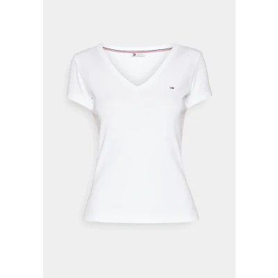 Image of Tommy Jeans Women Short Sleeve T Shirt Slim V Neck, White, XXS