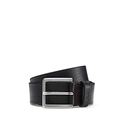 Image of HUGO Men&#039;s Gionios Sz40 Leather Belt with Grain Embossed and Brushed Metal Details, Black001, 100
