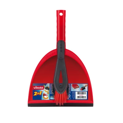 Image of Vileda Dust Pan &amp; Brush Set 2in1 and with Durable Bristles Easy to Sweep Rubber Blade Ergonomic Handle Clip Combine for Storage