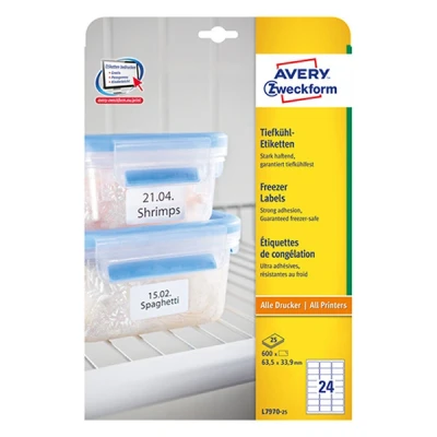 Image of Avery Zweckform L7970 25 Deep Freezer Labels / 63.5 x 33.9 mm Sheets 600 White