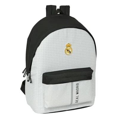 Image of Safta Real Madrid 1st Team 24/25 Backpack for 15.6 Inch Laptop and USB, Ideal Young People of Different Ages, Recycled Fabric, Comfortable Versatile, 31 x 18 44 cm, White/Grey,
