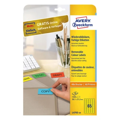 Image of Avery Zweckform Labels 38.1 x 21.2 mm Removable for Inkjet/Laser/Copier Yellow