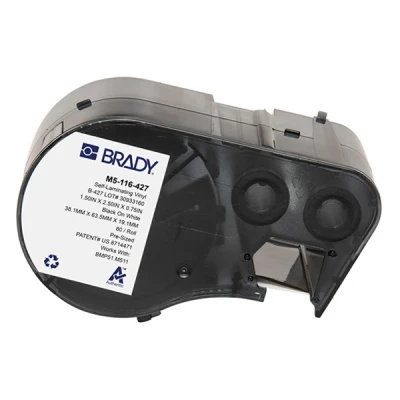 Image of Brady Self Laminating Vinyl Pre Sized Labels for Label Printer BMP51/BMP53/M511 80 Adhesive Black on White, Transparent (38,10 mm (W) x 63,50 (H)) M5 116 427