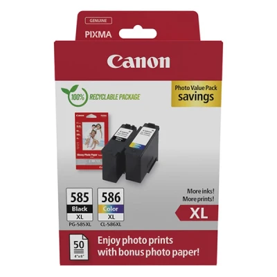 Image of Canon PG 585XL / CL 586XL Genuine Ink Cartridges, Pack of 2 (1x Black, 1x Colour), Includes 50 Sheets 4x6 Photo Paper Compatible with PIXMA TS7650i TS7750i