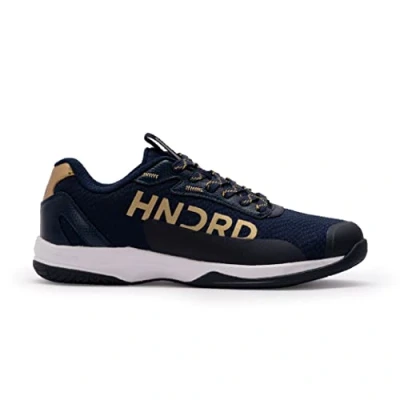 Image of Hundred Xoom Pro Non Marking Professional Badminton Shoes for Men Material: Faux Leather Suitable Indoor Tennis, Squash, Table Basketball &amp; Padel (Navy Gold, EU 42, UK 8, US 9)