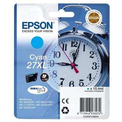 Image of Epson 27XL Cyan Alarm Clock High Yield Genuine, DuraBrite Ultra Ink Cartridge, IND