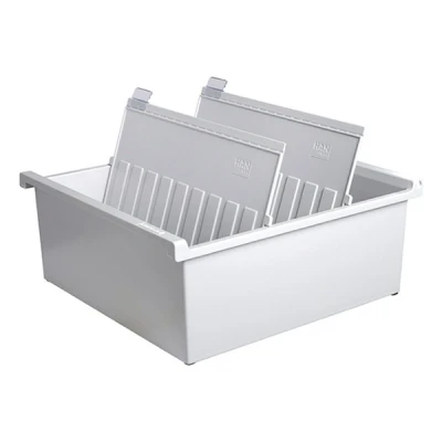 Image of HAN 954 0 11, Card index tray A4 landscape. Innovative, attractive design holds 1,300 cards, supplied with 2 support plates clear file clips, light grey