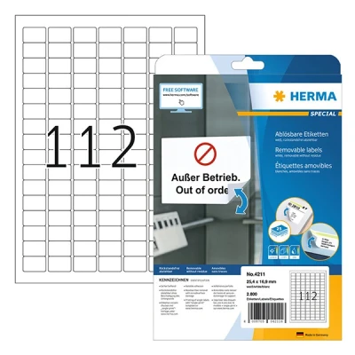 Image of HERMA Self Adhesive Removable Labels, 112 Labels per A4 Sheet, 25 Sheets, 25.4 x 16.9 mm, 2800 Blank Multipurpose Stickers, Sticky for Laser &amp; Inkjet Printer, White