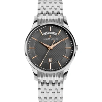 Image of JACQUES LEMANS 1 2193 Men&#039;s Watch with Leather Strap or Metal London 40 mm Date Day of the Week in Various Designs, Grey /