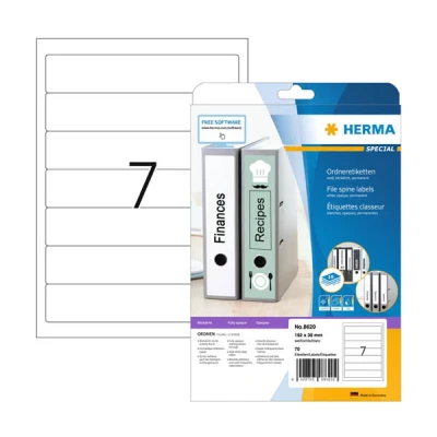 Image of HERMA Self Adhesive Spine Labels, 7 Labels per A4 Sheet, 10 Sheets, 192 x 38 mm, 70 Blank Lever Arch File Folder Stickers, Sticky for Laser &amp; Inkjet Printer, White