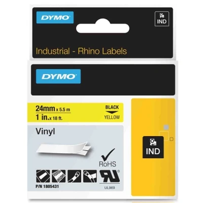 Image of DYMO Rhino Industrial Vinyl Labels 24mm x 5.5m Black on Yellow Self Adhesive Label Tape for and LabelManager Maker