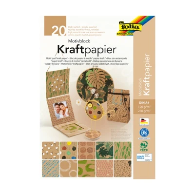 Image of folia 48898 Motif Pad Kraft Paper DIN A4 20 Sheets Assorted in 2 Grammages (120 and 230 g/m²) 10 Designs for Crafts Designing