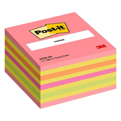 Image of Post it Sticky Notes Cube Neon Collection, Pack of 1 Pad, 450 Sheets, 76 mm x mm, Pink, Yellow, Orange, Green Colors Self stick For Note Taking, To Do Lists &amp; Reminders