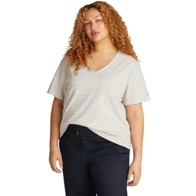 Image of Tommy Hilfiger Women&#039;s CRV Modern CO Linen V NK SS WW0WW46076, White (Calico/Dark Night Navy Stp), 50