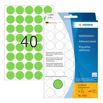 Image of HERMA Dot Stickers Green, 1280 Labels, Ø 19 mm, 40 Labels per Sheet, Self Adhesive Perforated Round Colour Stickers, Blank Marking Dots, Sticky Circle for Color Coding Calendar