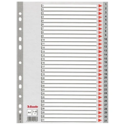 Image of Esselte Index for A4, Cardboard Cover and 31 Plastic Dividers, Tabs with Numbers 1 31, Extra Width, Grey, 100108