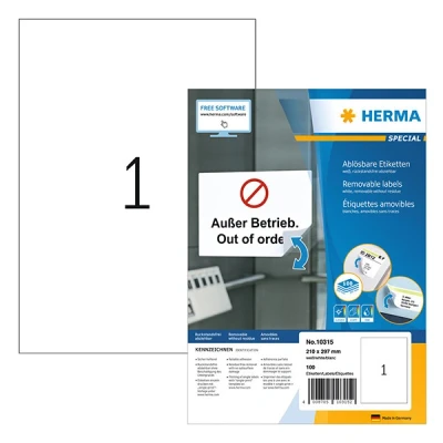 Image of HERMA Self Adhesive Removable Labels, 1 Label per A4 Sheet, 100 Sheets, 210 x 297 mm, Blank Multipurpose Labels Stickers, Sticky for Laser &amp; Inkjet Printer, White