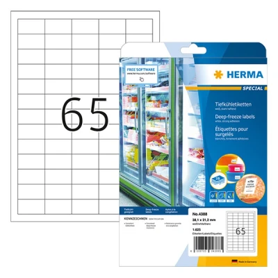 Image of HERMA Self Adhesive Freezer Labels, 65 Labels per A4 Sheet, 25 Sheets, 38.1 x 21.2 mm, 1625 Blank Food Stickers, Sticky for Laser &amp; Inkjet Printer, White