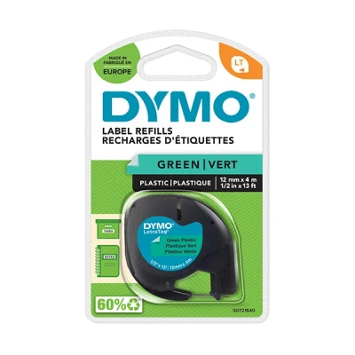 Image of DYMO LetraTag Plastic Labels Authentic 12 mm x 4 m Roll Black Print on Green Self Adhesive Multipurpose for Label Makers