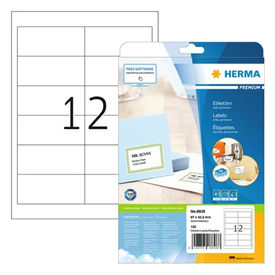 Image of HERMA 8628 Universal Labels, 320 Sheets, 97 x 42.3 mm, 12 per A4 Sheet, 3840 Pieces, Self Adhesive, Printable, Matt, Blank Paper Adhesive Labels Stickers, White