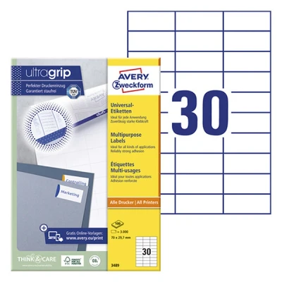 Image of Avery Zweckform 3489 Universal Labels 100 Sheets 3,000 70 x 29.7 mm White