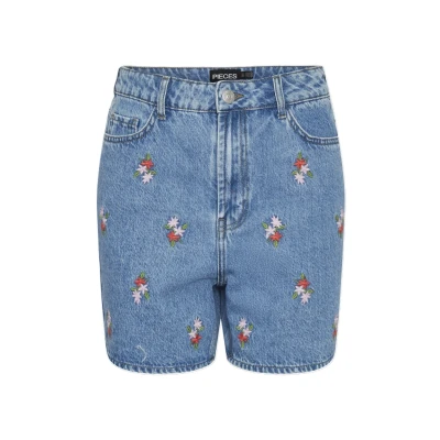 Image of Pieces Pcsky Embroidery denim shorts, Women&#039;s, Size: Large, Light blue
