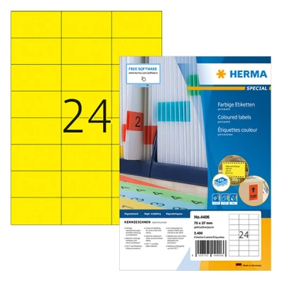 Image of HERMA Self Adhesive Coloured Labels, 24 Labels per A4 Sheet, 100 Sheets, 70 x 37 mm, 2400 Blank Colour Stickers, Sticky for Laser &amp; Inkjet Printer, Yellow