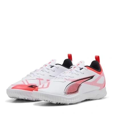 Image of Puma Ultra 5 PLAY TT JR Unisex Astro turf trainers for kids, Size: 3.5, White/black/glowing red Textile/synthetics