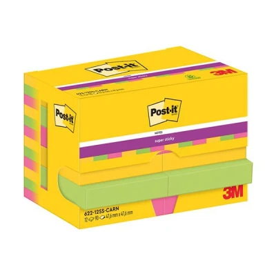 Image of Post it Super Sticky Notes 622 12SS CARN, Carnival Colour Collection, 47.6 mm x mm, 90 Sheets/Pad, 12 Pads/Pack