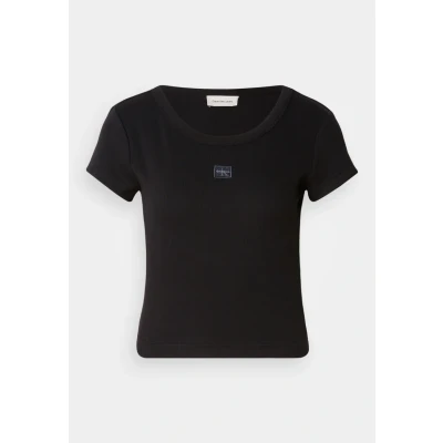 Image of Calvin Klein Women’s Short Sleeve Round Neck Woven Label Rib Baby Tee, Black (Black), 3XS